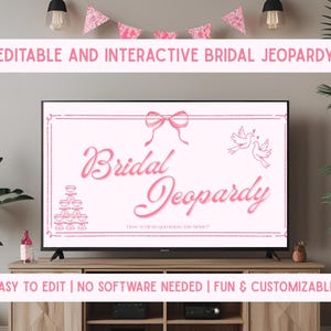 Gefahrenspiel für die Bridal Shower | Rosa Schleife Thema bearbeitbare Leinwand Trivia | Junggesellinnenabschied Spiel | Interaktives Braut Jeopardy Template