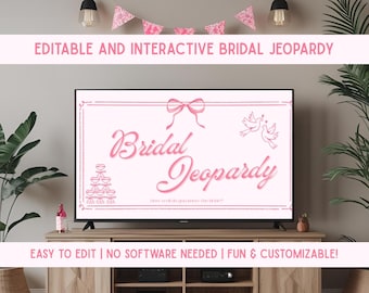 Jeopardy Game for Bridal Shower | Pink Bow Theme Editable Canva Trivia | Bachelorette Party Game | Interactive Bridal Jeopardy Template