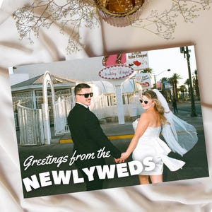 Las Vegas Elopement Wedding Postcard &quot;Greetings from the Newlyweds&quot; - Lucky In Love Vegas Elopement Postcard – Little White Wedding Chapel
