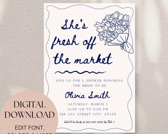 Blauw vers van de markt bruidsuitnodiging vrijgezellenfeest - Instant bestand digitale download - gemakkelijk te bewerken Canva-sjabloon - 5 x 7