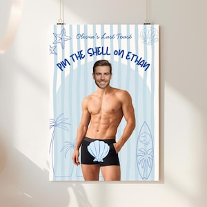 Puede incluir: Un póster con un fondo a rayas azules y blancas presenta a un hombre sin camisa que lleva ropa interior negra con un diseño de concha. El texto "Pin the Shell on Ethan" está escrito en azul, con ilustraciones temáticas de playa.