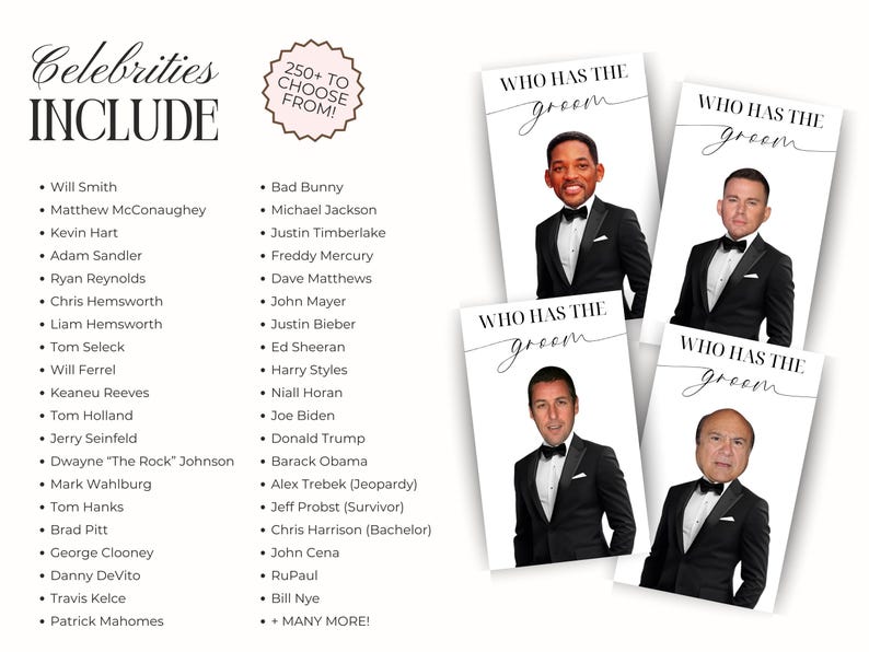 Printed Bridal Shower Game Who Has The Groom Scratch Off | Bachelorette Party Game | Celebrity and Groom Edition | Wedding Party Fun image 7