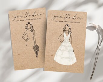 Guess The Dress Drawing Bridal Shower Game | Wedding Dress Sketch Activity for Bachelorette Parties, Rustic Kraft Cards with Pencils