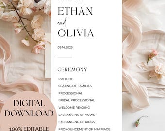 May include: A digital wedding ceremony program with the names Ethan and Olivia, and the date 09.14.2025. The program includes the ceremony details. The background features soft pink flowers and fabric.