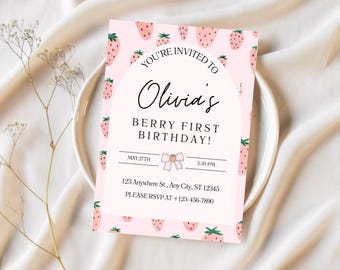 Berry First Birthday Invitation - Adorable Easy to Edit Canva Template - 5x7