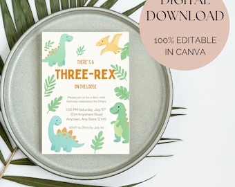 Sjabloon verjaardagsuitnodiging Three-Rex dinosaurus | Uitnodiging 3e verjaardagsfeestje | Bewerkbare T-Rex-verjaardagskaart | Canva-sjabloon direct downloaden