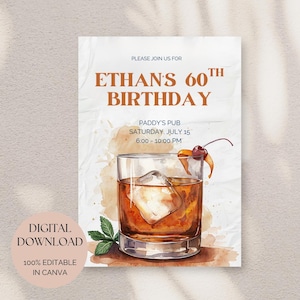 Whiskey Theme 60th Birthday Invitation – Editable Whiskey Party Invite – 60th Birthday Canva Template – Digital Download, Printable Invite