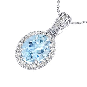 8x6MM Oval Aquamarine and Diamond Halo Pendant | Aquamarine & Diamond 14K Rose Gold Pendant