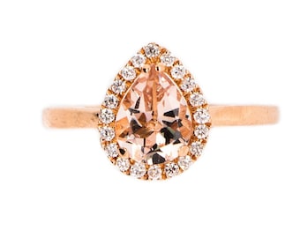 Dainty Pear Shaped Natural Morganite Diamond Halo Ring | 8x6MM Morganite & Diamond 14K Rose Gold Engagement Ring