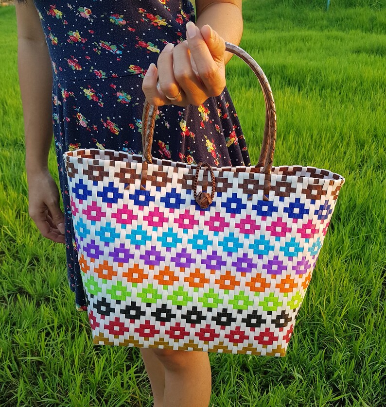 Woven plastic bag colorful Hobo tote woven basket summer | Etsy
