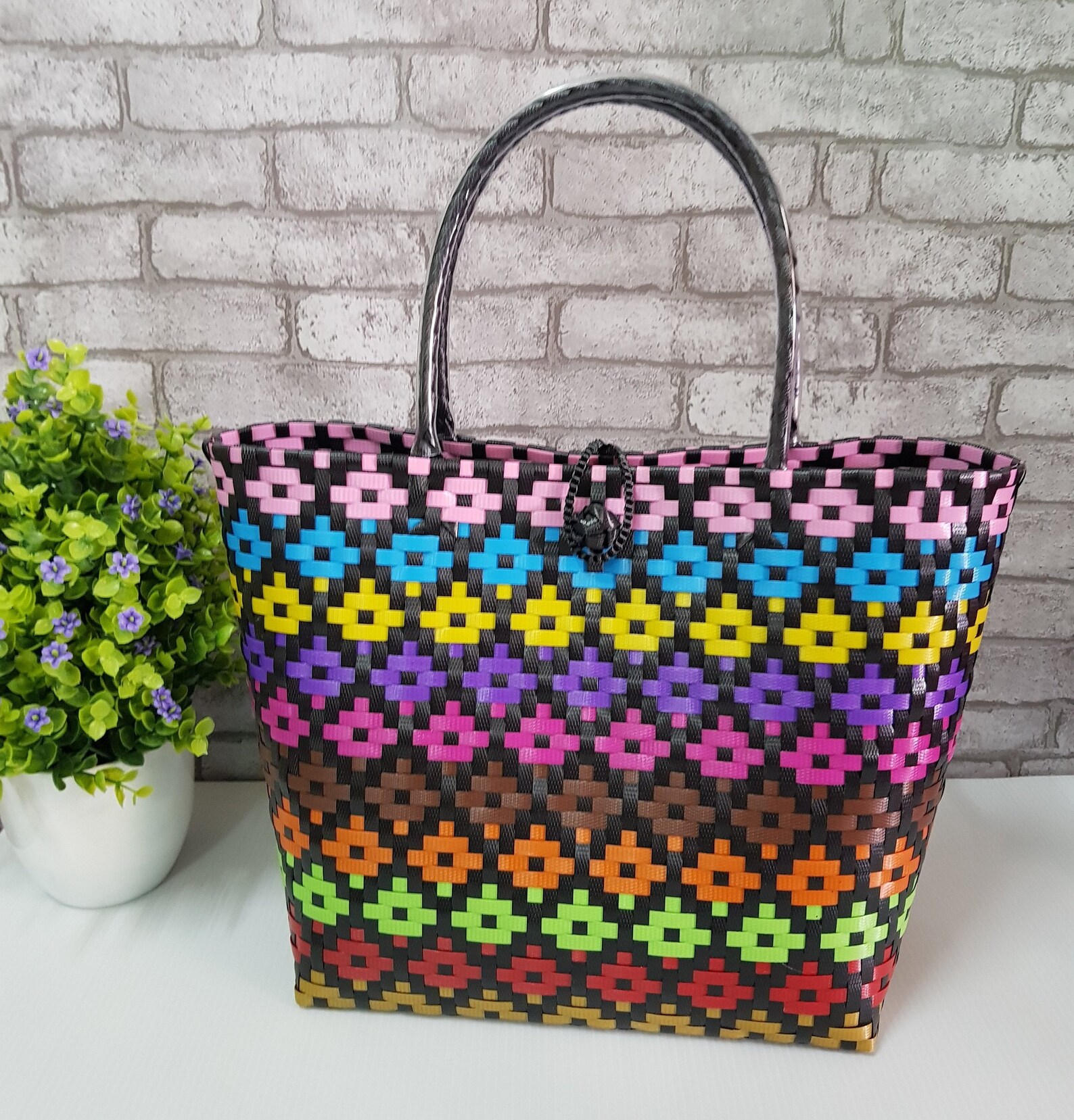 Woven plastic bag black colorful Market tote woven basket | Etsy