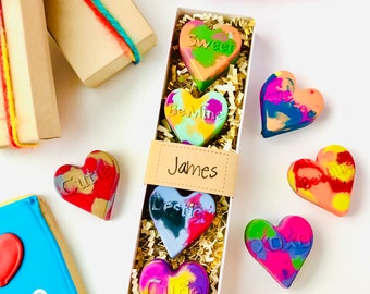 Valentine’s Heart Crayon Gift For Kids - Set of 4 Conversational Printed Heart Crayons in a Gift Box - Gift Under 20 - Valentine Kid Gifts