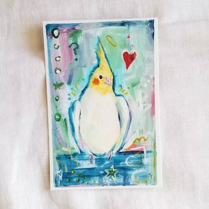 Cockatiel and Red Heart // 4x6 Original Painting // Postcard Sized