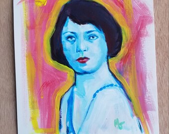 May include: A painting of a woman with short dark hair. She is wearing a light blue dress and has a yellow halo around her head. The background is a pink and yellow abstract design.
