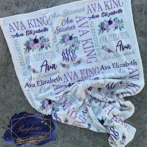 Purple Floral Baby Blanket, Name Baby Blanket, Monogram Baby Blanket