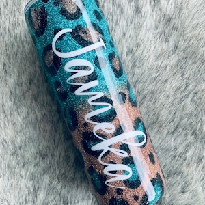 Cheetah Glitter Tumbler, Teal/Gold Cheetah Glitter Tumbler, Tumbler personnalisé