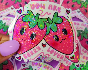 Holographic strawberry stickers cute quote vinyl waterproof sticker Laptop sticker waterbottle sticker kawaii
