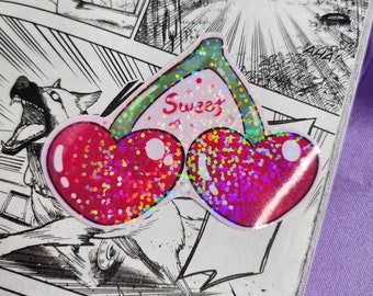 Sweet Cherry vinyl holographic stickers~ cute quote vinyl waterproof sticker~ Laptop sticker~waterbottle sticker~kawaii