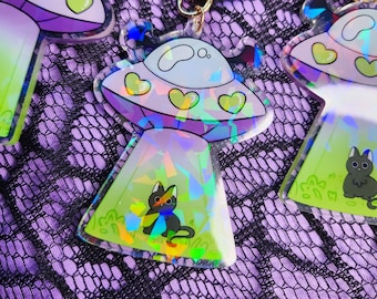 Holographic UFO Black Cat Keychain: Sparkly Alien Abduction