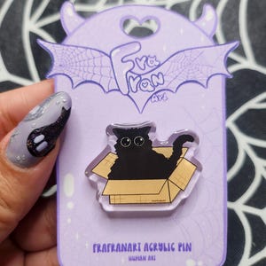 May include: An acrylic pin featuring a fluffy black cat with large star-shaped eyes sitting inside a tan cardboard box. The pin is attached to a light purple backing card with a bat-wing design, the text FraFranArt, and the label FraFranArt Acrylic Pin.