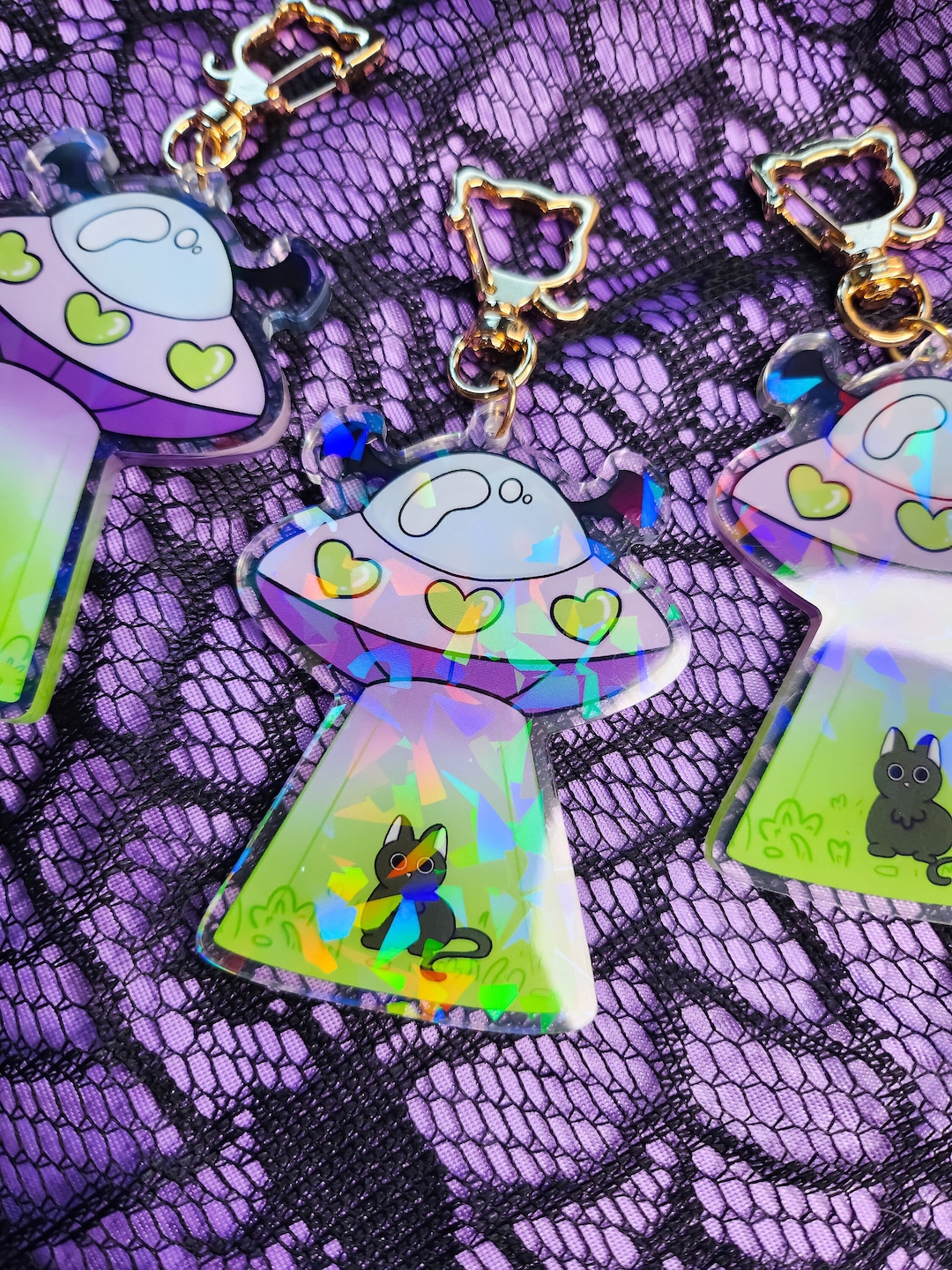 Sparkly UFO Keychain/ Alien Abduction Keychain/black Cat Keychain