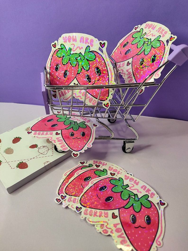 Holographic Strawberry Stickers Cute Quote Vinyl Waterproof Sticker ...
