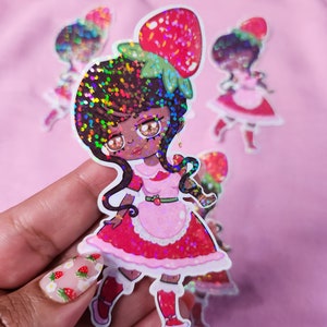 Strawberry girl glitter vinyl sticker strawberry stickers kawaii strawberry sticker