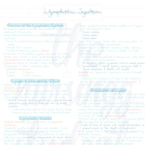 May include: A detailed, handwritten diagram of the lymphatic system, with labels and notes on a light blue background. The text covers the overview, vessels, and nodes, with sections on interstitial fluid and circulation.