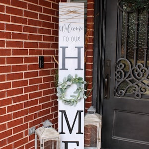 Welcome to our Home wood sign | Home sign with wreath | Welcome sign for front porch | Housewarming gift | White washed outdoor wood sign