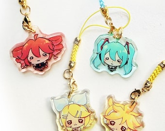 Vocaloid-figuurbedeltjes | 2,9 cm en 3,8 cm dubbelzijdige epoxy sleutelhangers met kleurverloop | Miku + Teto + Rin + Len