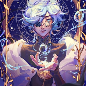May include: A digital illustration of a character with light blue hair wearing a tall white hat and a monocle. The character is dressed in a dark high-collared garment with a white cape, holding a glowing blue orb of light in their hand.