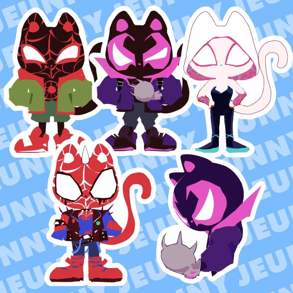 spider punk, meows morales, gwen, and purrowler | 3"x2.4" spider cat stickers