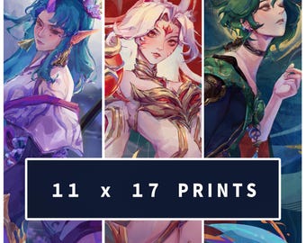 May include: Three digital illustrations of fantasy characters. The first character is a woman with blue hair and purple clothing. The second character is a woman with white hair and red and gold clothing. The third character is a man with green hair and green and gold clothing. The text "11 x 17 PRINTS" is at the bottom of the image.