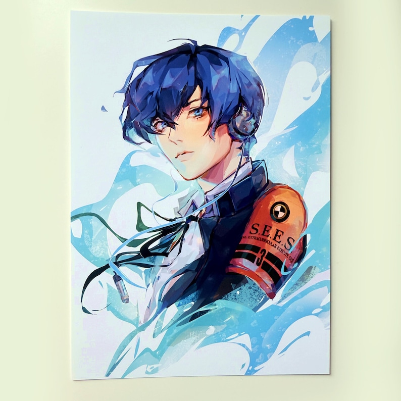May include: A blue-haired anime character with a red and black armband that says "S.E.E.S. SPECIAL EXTRATERRESTRIAL ENCOUNTER SECTION 3" is depicted in a watercolor style with blue and white swirls.
