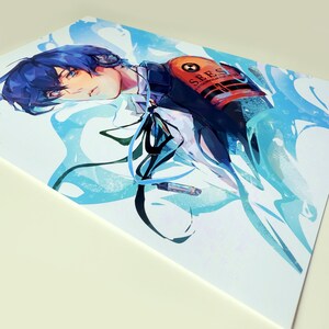May include: A blue-haired anime character with a blue and black scarf and a red and orange arm band with the text "SEES" on it. The character is surrounded by blue and white abstract shapes.