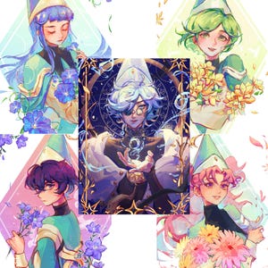 May include: A digital illustration featuring five characters wearing pointed hats. Four characters are surrounded by colorful flowers including blue morning glories and pink daisies. The central character holds a glowing orb within a dark circular frame.