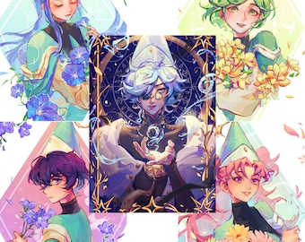 Pode incluir: Uma ilustração digital com cinco personagens usando chapéus pontiagudos. Quatro personagens estão rodeados por flores coloridas, incluindo glórias-da-manhã azuis e margaridas cor-de-rosa. A personagem central segura um orbe brilhante.