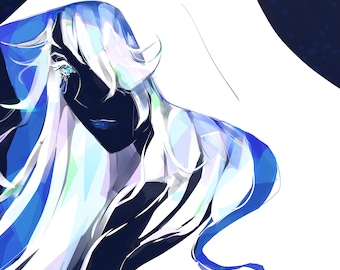 May include: A digital painting of a person with long, flowing white and blue hair. The person's face is obscured by shadows, but their blue eyes are visible. The background is a white and blue gradient.