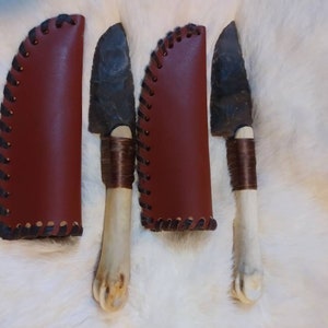 2 Pcs/Unit Primitive Style Agate Knives - Deer Leg Bone Handle With Genuine Leather Sheaths For Home Decor