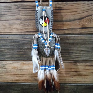 May include: A Native American-style pendant necklace. The pendant is gray with a circular design of red, yellow, black, and white. It features blue and white beads, feathers, and a leather cord. The necklace hangs against a wooden background.