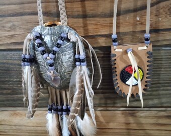 5" Turtle Shell Medicine Bag With An Extra Removable Leather Pouch Necklace, Adorned With Arrowhead Drop, Feathers, Glass Beads Wall Hanging