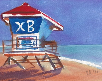 HB Lifeguard Tower (From PCH), Huntington Beach, CA Original Matted Watercolor Beach Painting
