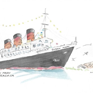 Queen Mary Long Beach California Watercolor Print with Mat