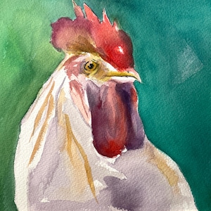 Rooster Portrait, Original Matted Watercolor Farm Bird Painting