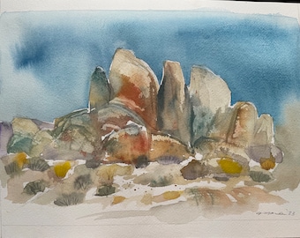 Movie Rocks formation in the Alabama Hills Original Matted Watercolor Painting