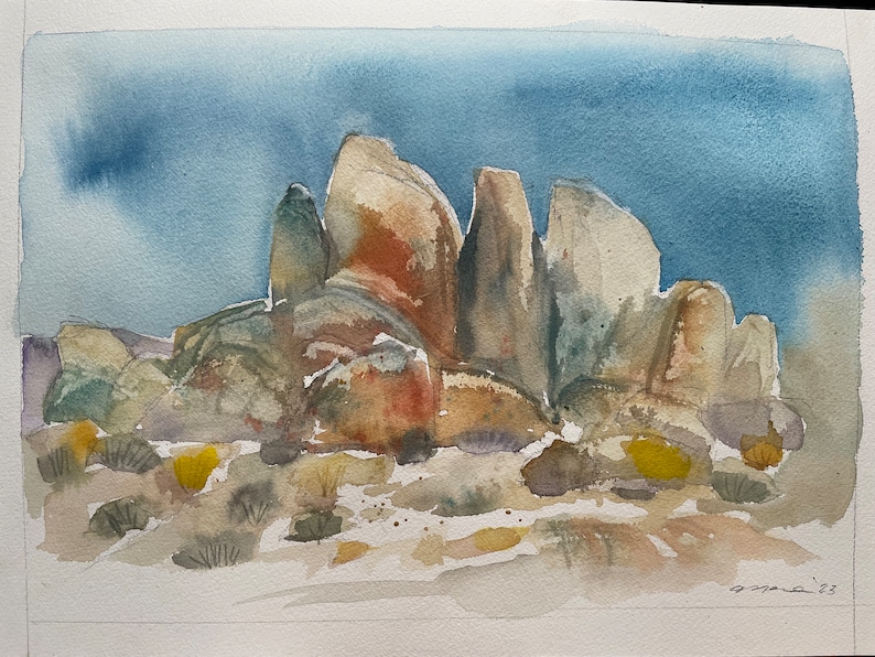 Movie Rocks formation in the Alabama Hills Original Matted Watercolor Painting image 1