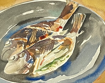 Fish Fry, Matted Original Watercolor Painting Kitchen Art Long Beach, CA 2024