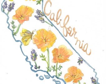 California State  with Poppies, Watercolor