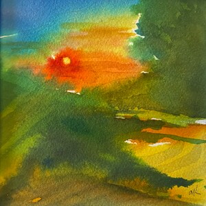 Sunset over Fields, Original Matted Watercolor Painting Abstract