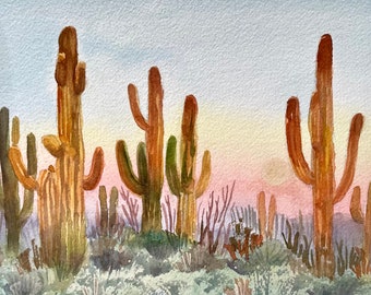 Sonoran Desert Sunrise, Original Watercolor Painting with Cactus